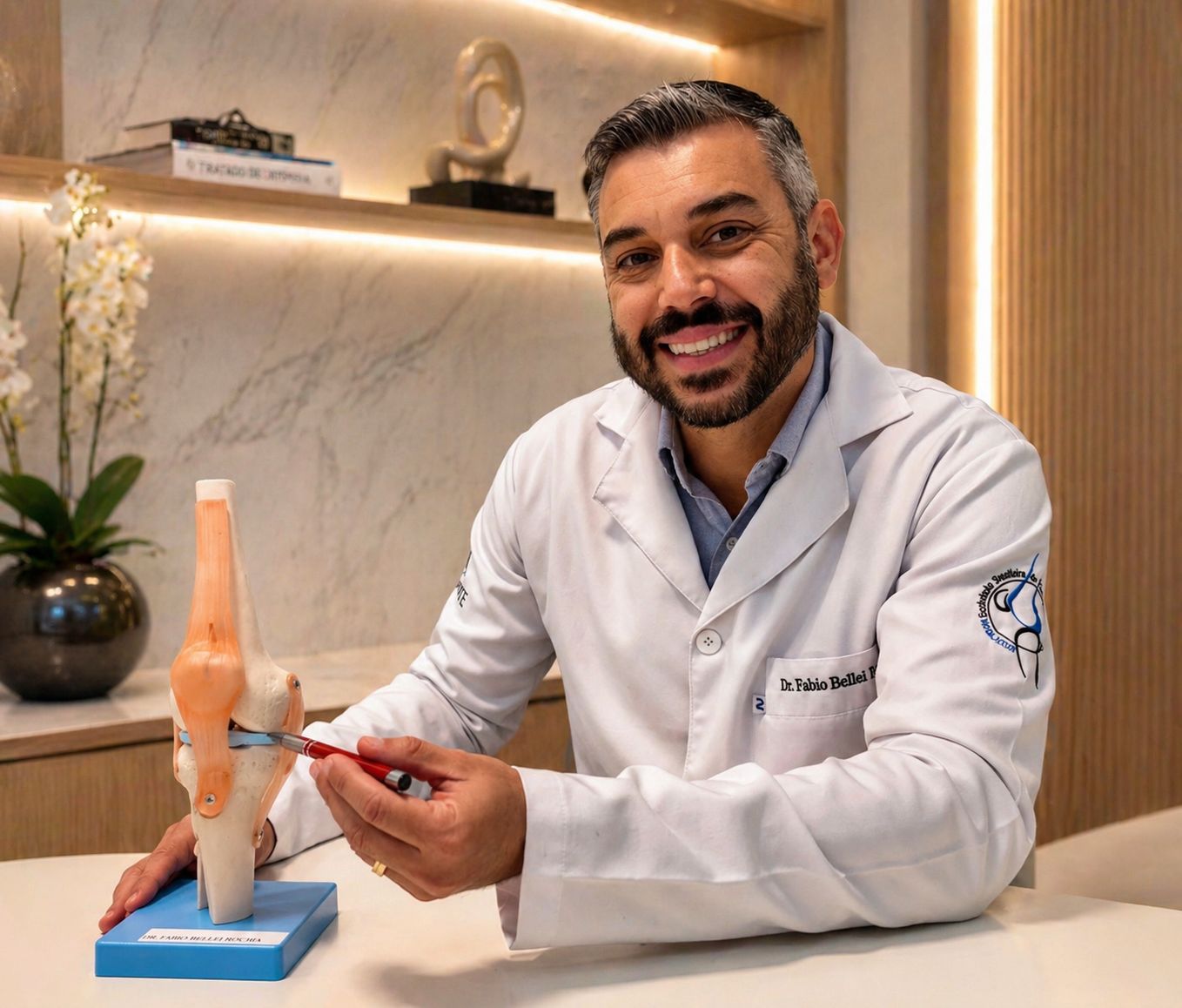 Dr. Fabio Bellei Rocha avaliando o joelho de um paciente em consultório